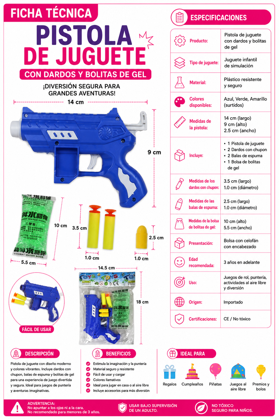 Pistola Mini Hydrogel Infantil con Dardos y Bolitas de Gel | Juguete para Piñata, Bolos y Premios | 1 Pieza