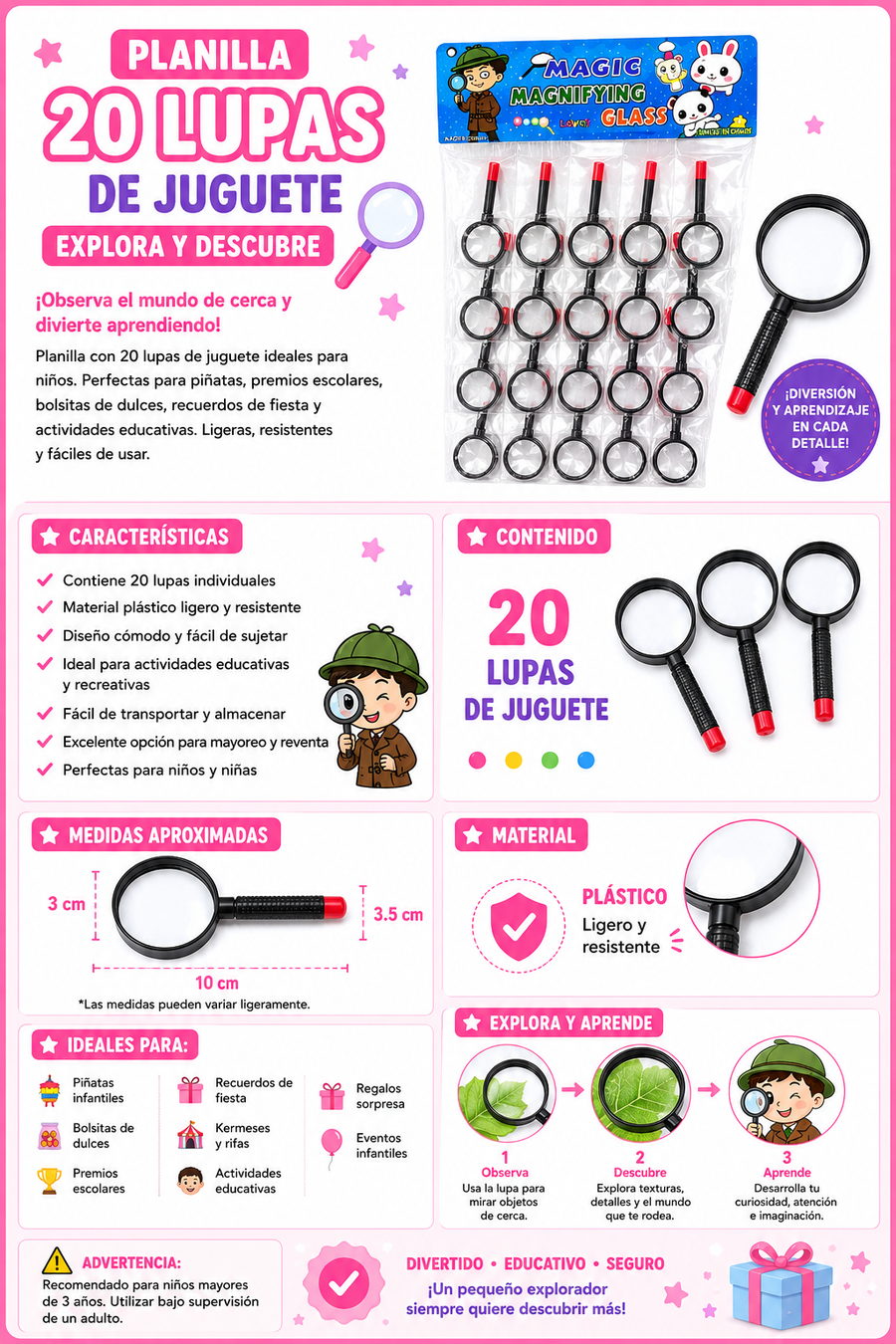 Planilla 20 Lupas de Juguete para Niños | Mini Lupas Infantiles para Piñata, Premios Escolares y Recuerdos de Fiesta