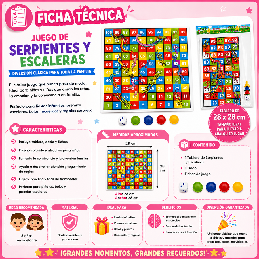 Juego de Serpientes y Escaleras Infantil  1 pza| Tablero con Dado y Fichas para Piñatas, Premios y Diversión Familiar