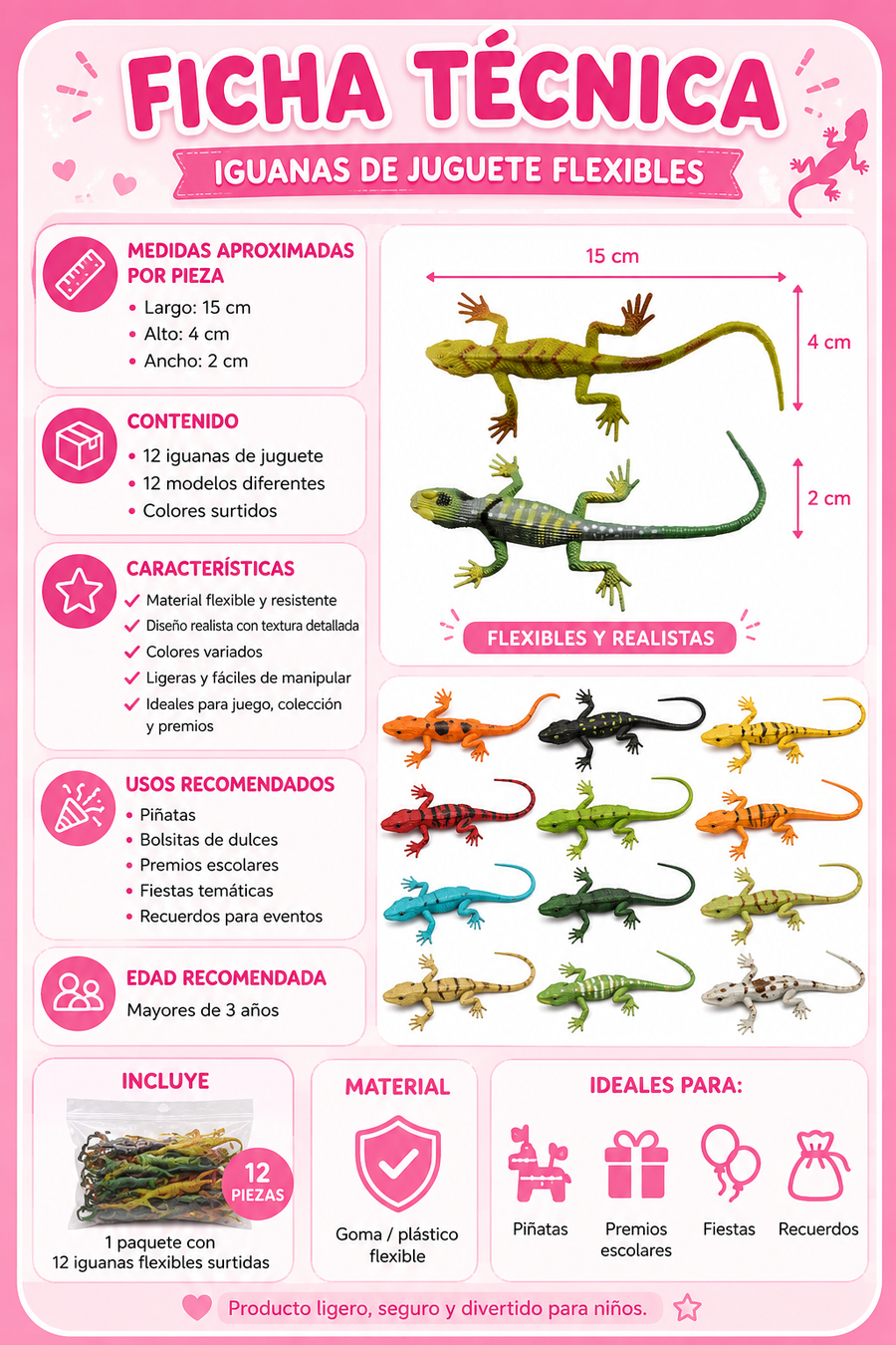 Iguanas de Juguete Flexibles Realistas Surtidas 12 pzas Figuras Animales Piñata Premio Fiesta Infantil