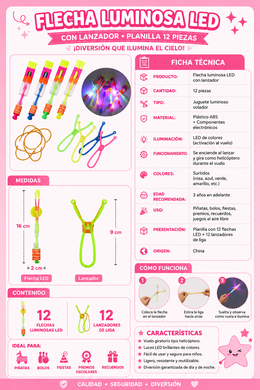 Flechas Luminosas LED con Lanzador | Planilla 12 Pzas para Piñata, Bolos y Premios Infantiles
