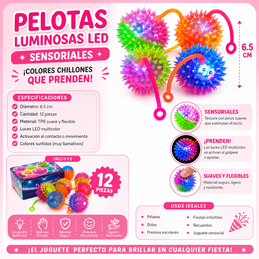 Pelotas Luminosas LED Sensoriales para Fiesta Infantil Piñata Bolo Premios y Recuerdos 12 Piezas