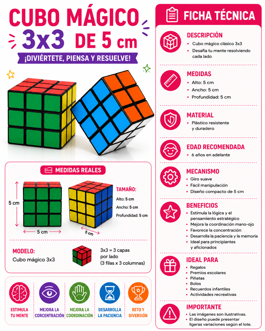Cubo Mágico tridimensional 3x3 de Colores 5 cm | Rompecabezas para Niños y Adultos