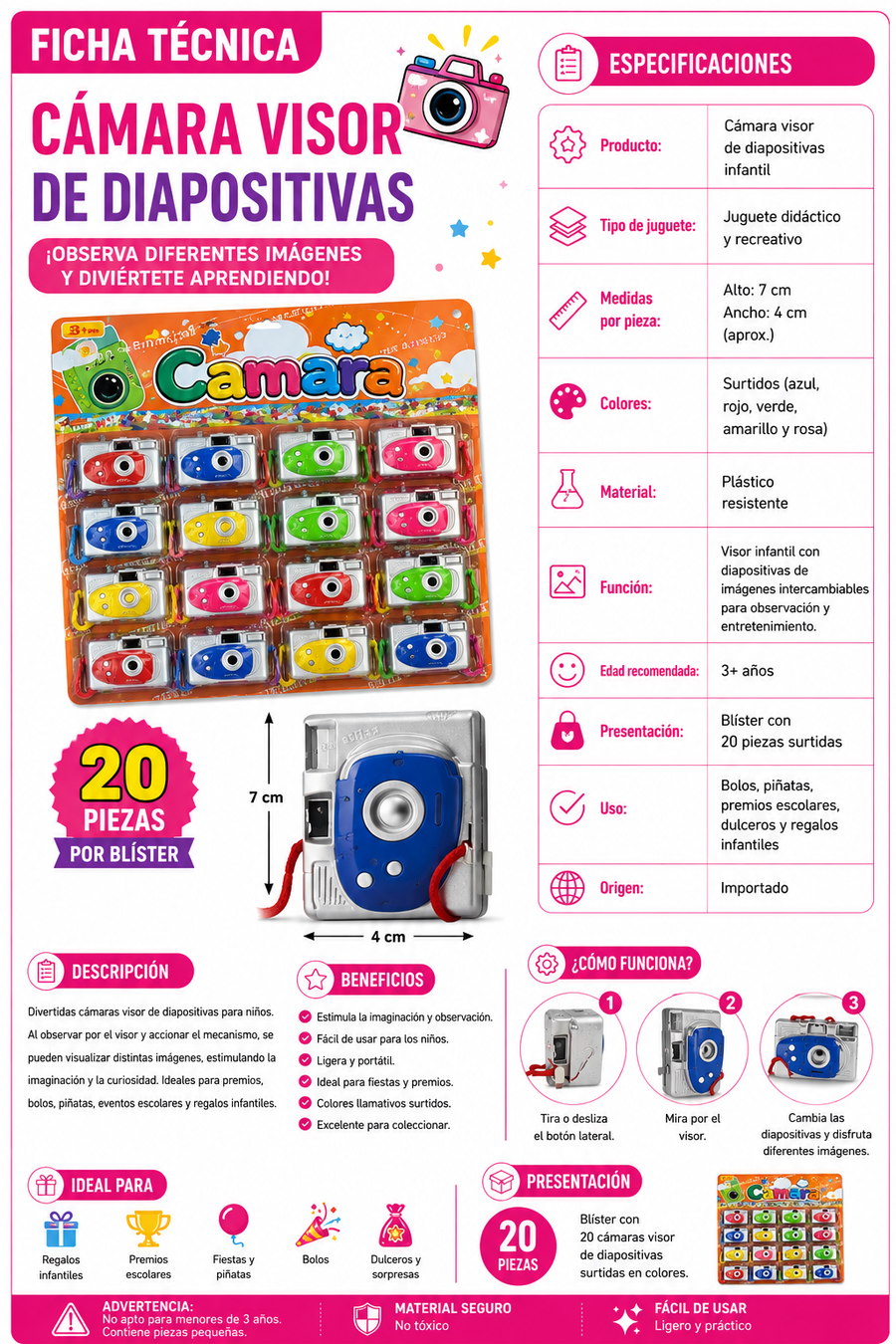 Cámaras Visor De Diapositivas Infantiles 20 pzas Juguete Premio Bolos Fiesta