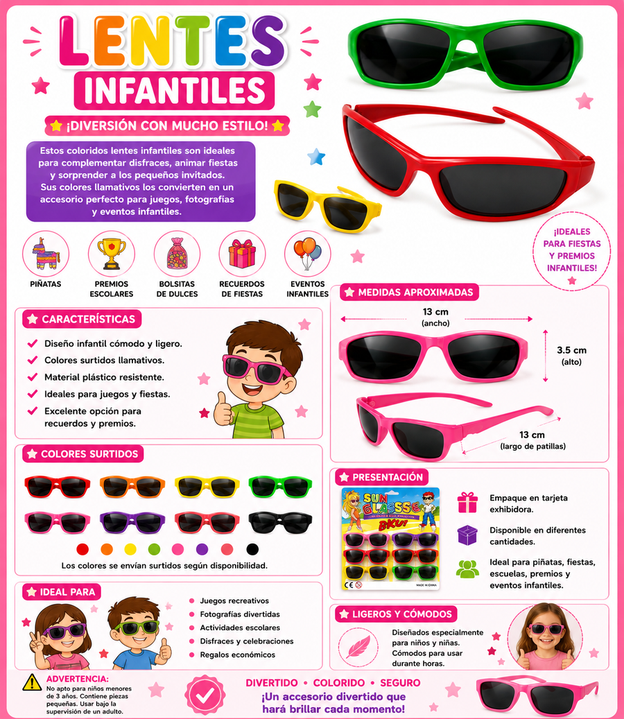 Lentes Infantiles de Juguete 24 pzas Colores Surtidos para Fiesta y Piñata