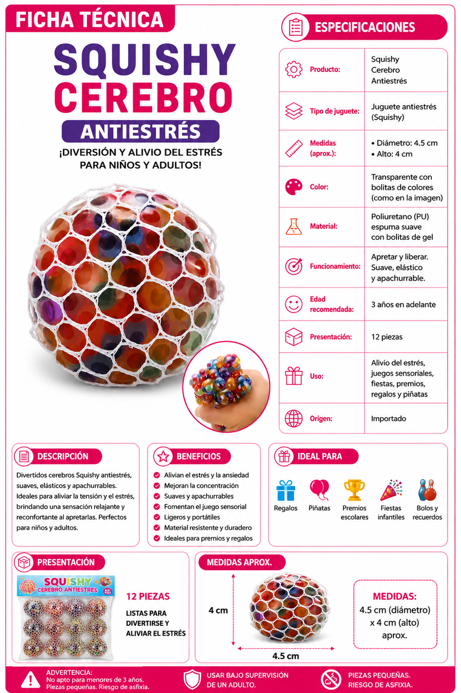 Cerebros Squishy Antiestrés de Gel Colores Surtidos 12 piezas Juguete Piñata Bolo Fiesta Infantil