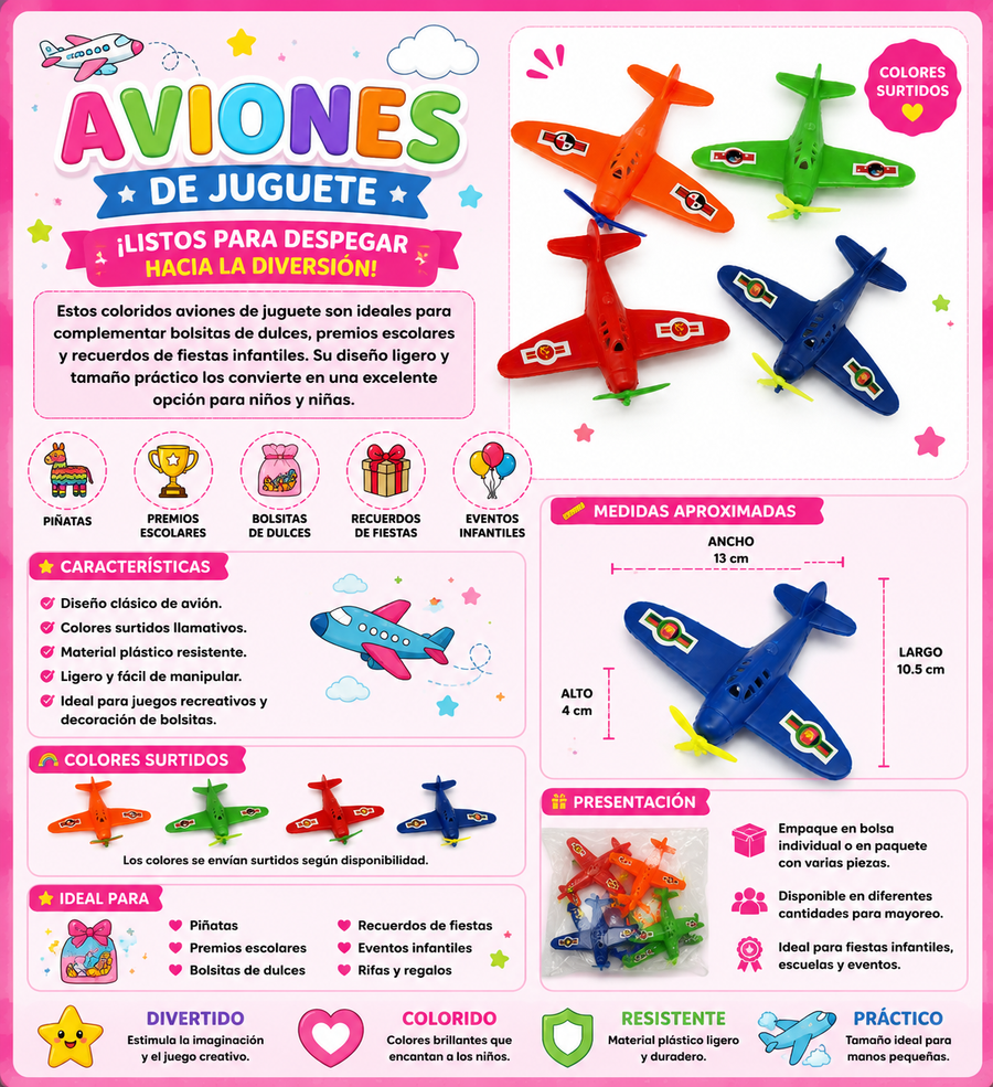 Avión de Juguete Infantil Colores Surtidos para Piñata y Fiesta 50 pzas
