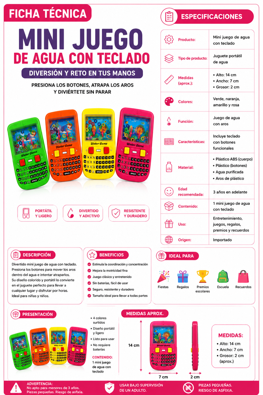 Celular de Agua Grande Tipo Water Game 12 pzas | Juguetes Sensoriales para Piñatas, Premios y Regalos