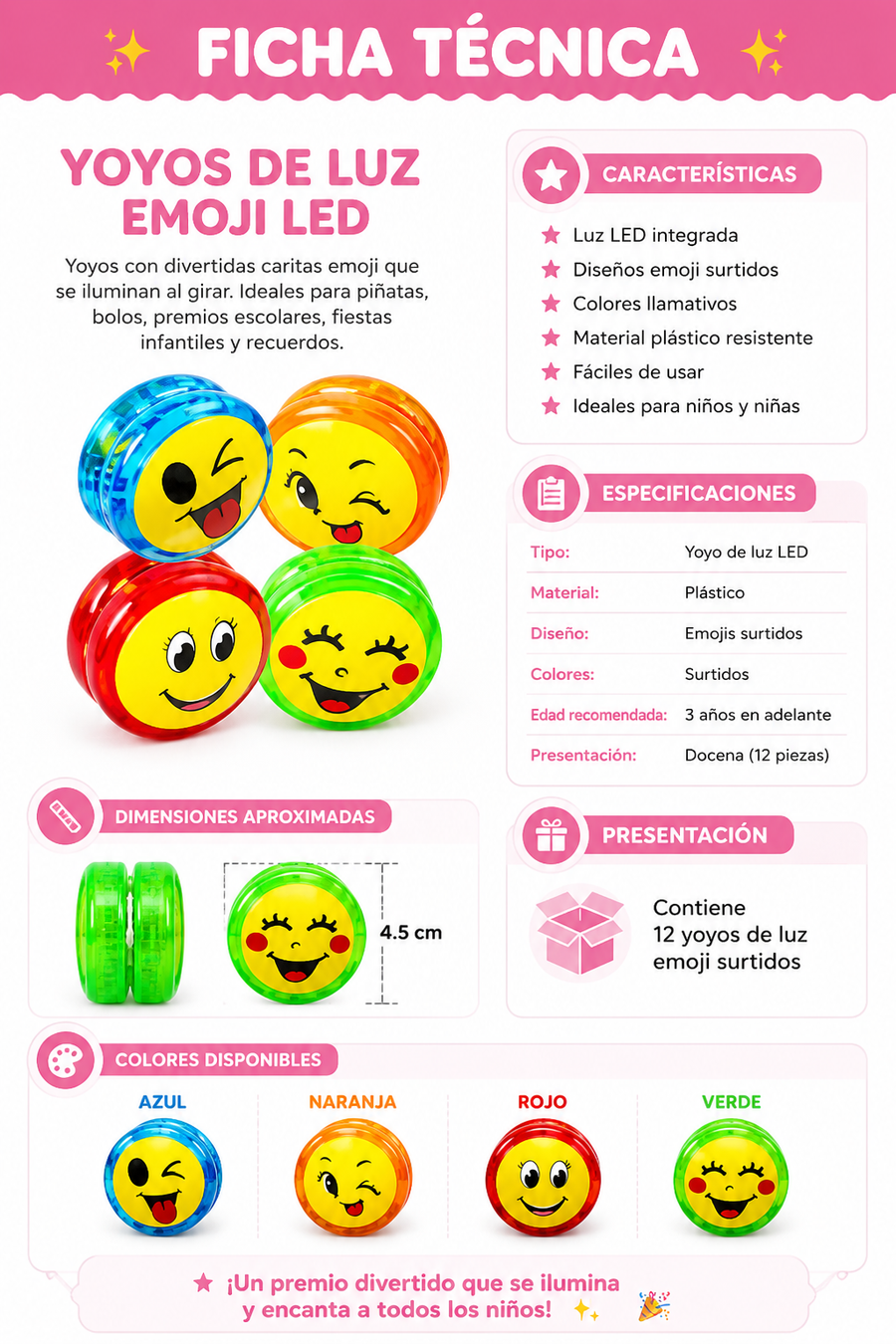 Yoyos de Luz Emoji con LED 12 pzas Juguete para Piñata Bolo Fiesta Infantil Premio Surtido