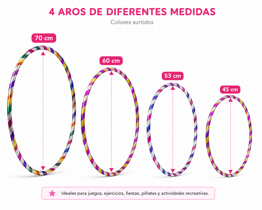 Hula Hula Infantil Colores Surtidos 12 Pzas | Aros de Diferentes Medidas para Juegos, Fiestas, Activación Física y Premios