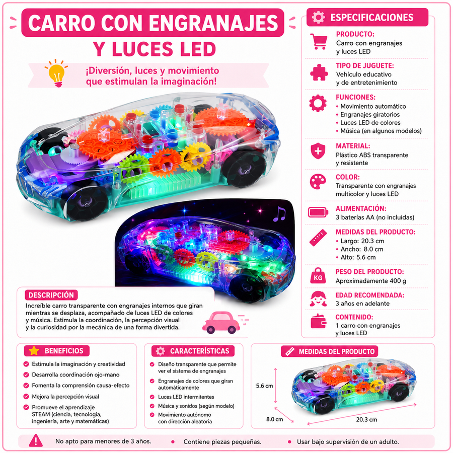 Vehículo Transparente con Engranajes, Luces LED y Sonido | Avión, Tren o Auto Didáctico | 1 Pieza