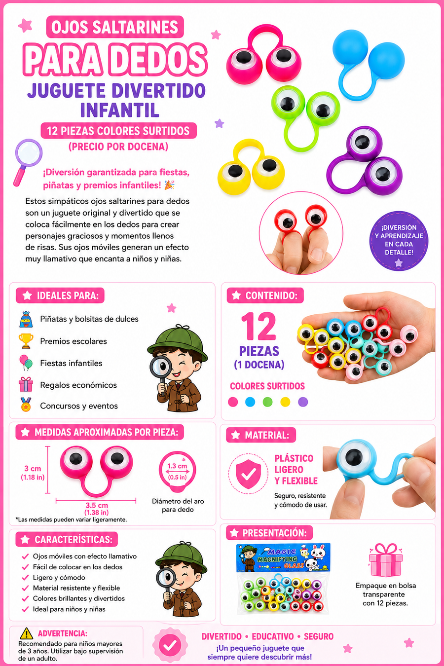 Ojos Saltarines para Dedos Juguete Divertido Infantil 12 Pzas Colores Surtidos |anillos dedos ojos