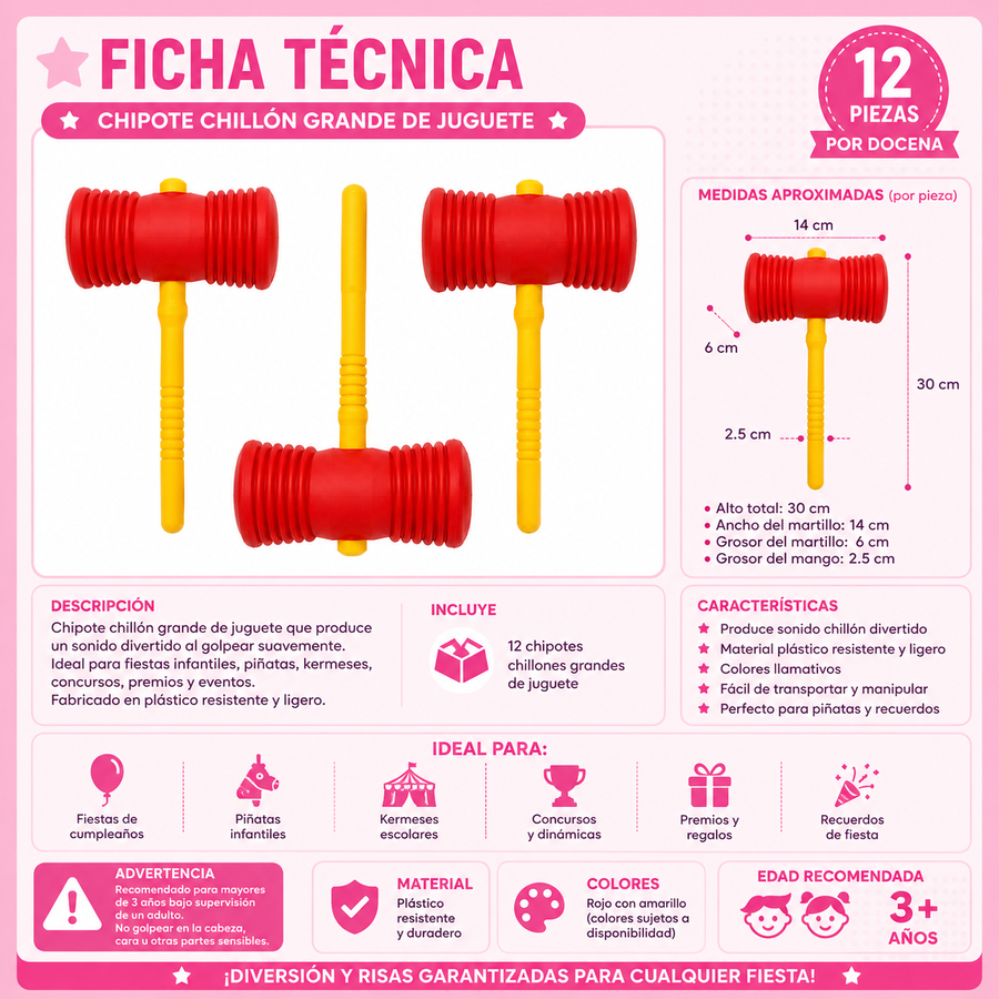 Chipote Chillon de Juguete 12 pzas | Martillos Divertidos para Piñatas, Fiestas y Eventos Infantiles