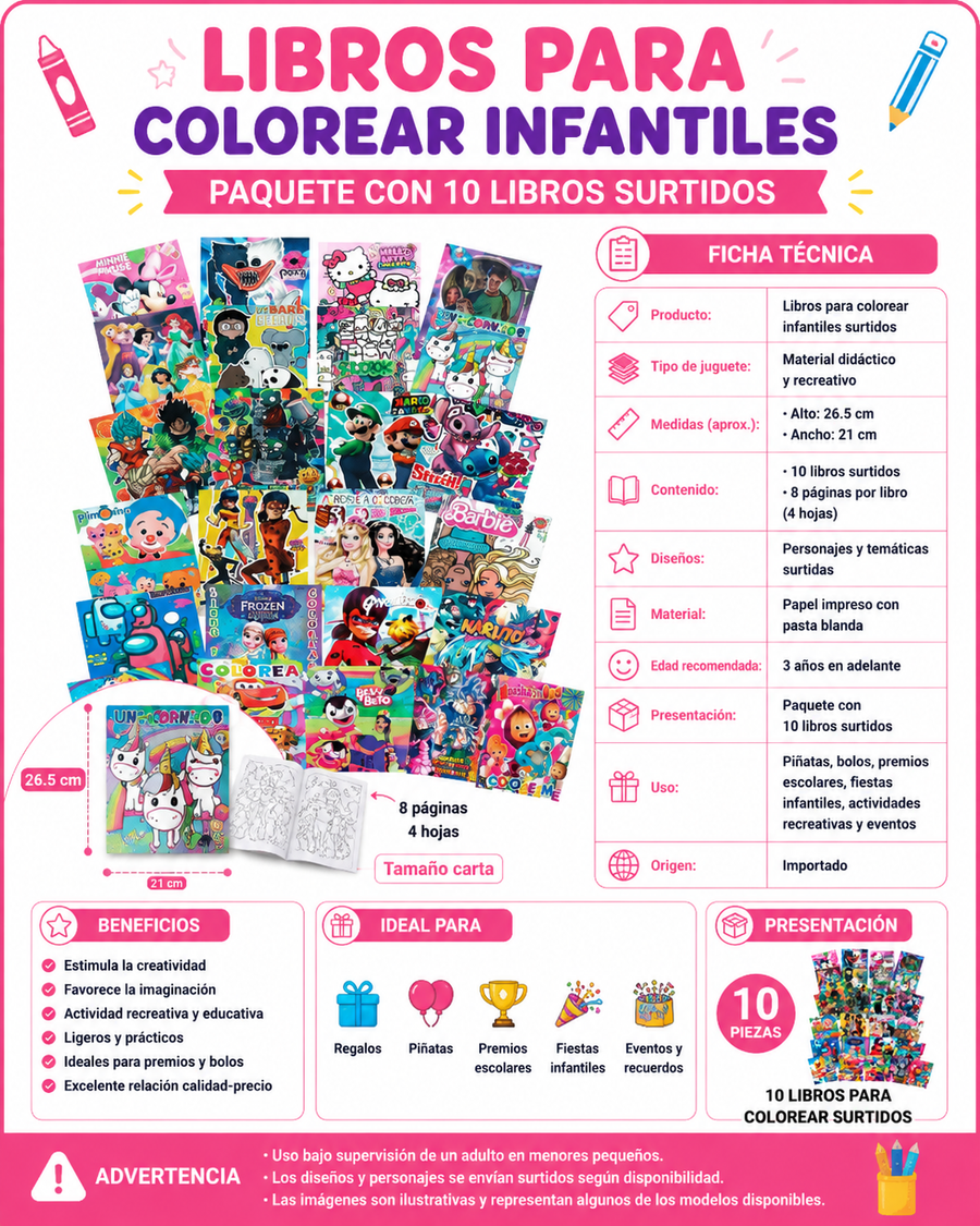 10 Libros para colorear infantiles  8 páginas 4 hojas surtidos Premios piñatas bolos fiestas