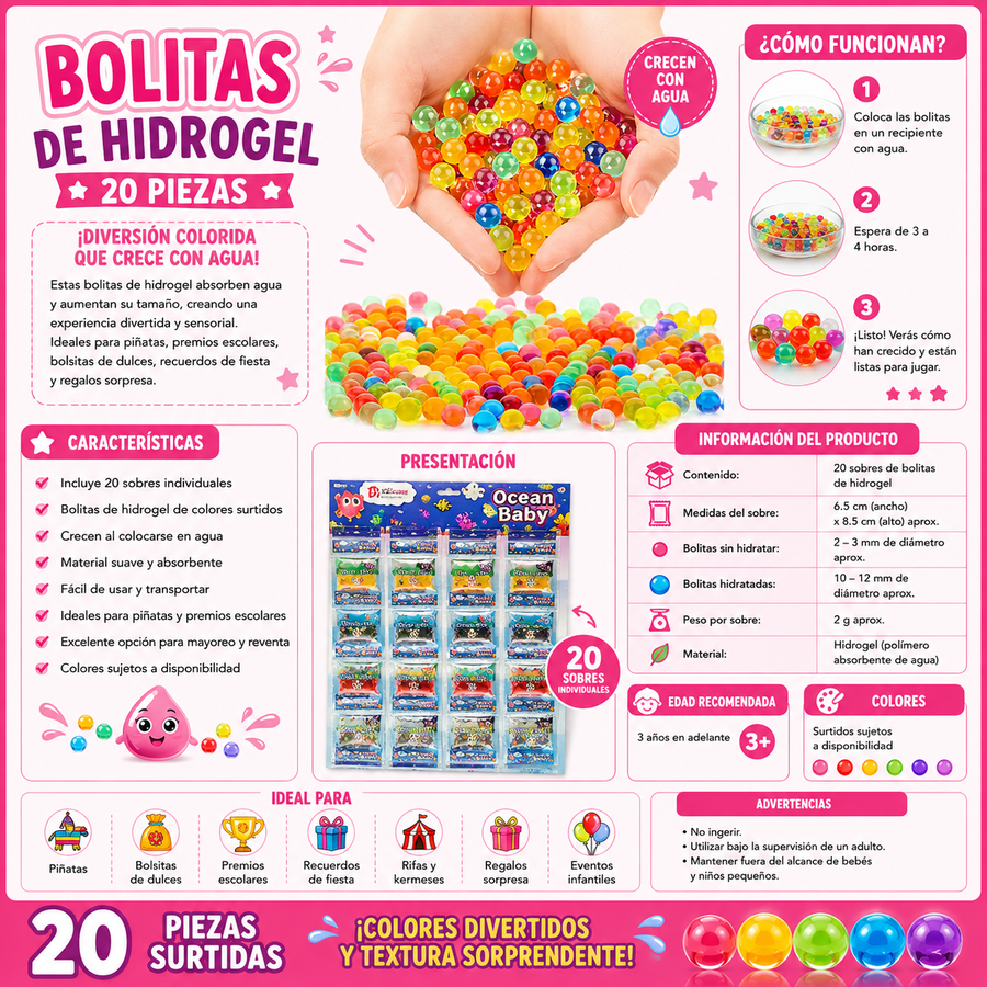 Planilla 20 Sobres de Bolitas de Hidrogel de Colores para Piñata y Fiesta Infantil