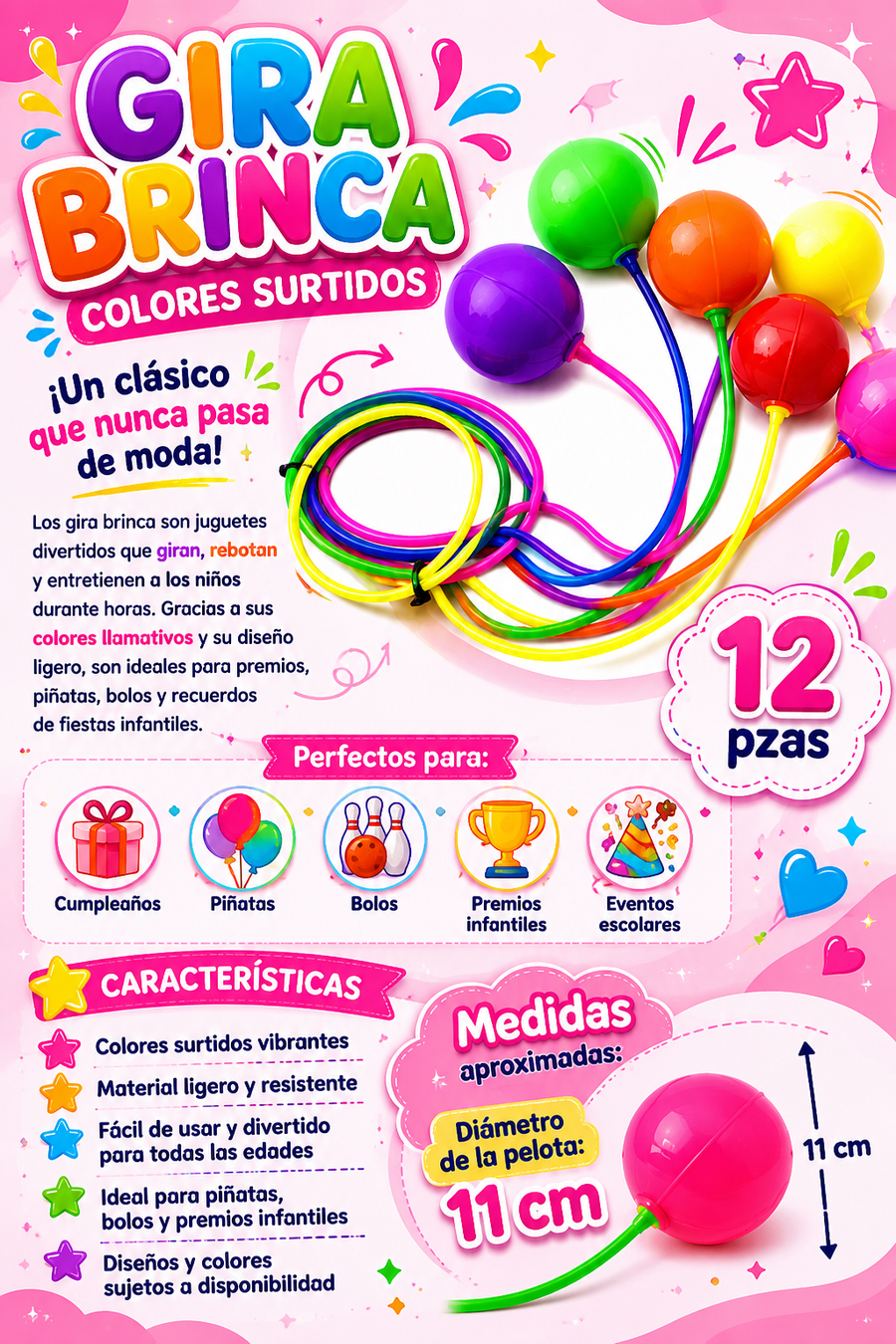 Gira Brinca Colores Surtidos 12 pzas Juguete Tradicional para Piñata Bolo Fiesta Infantil