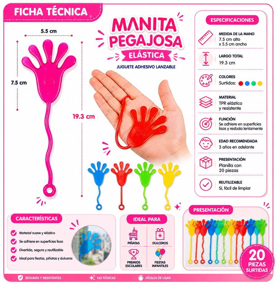Planilla Manitas Pegajosas Elásticas 20 Pzas | Juguetes para Piñata, Dulceros y Premios Infantiles