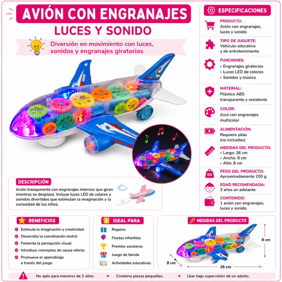 Vehículo Transparente con Engranajes, Luces LED y Sonido | Avión, Tren o Auto Didáctico | 1 Pieza