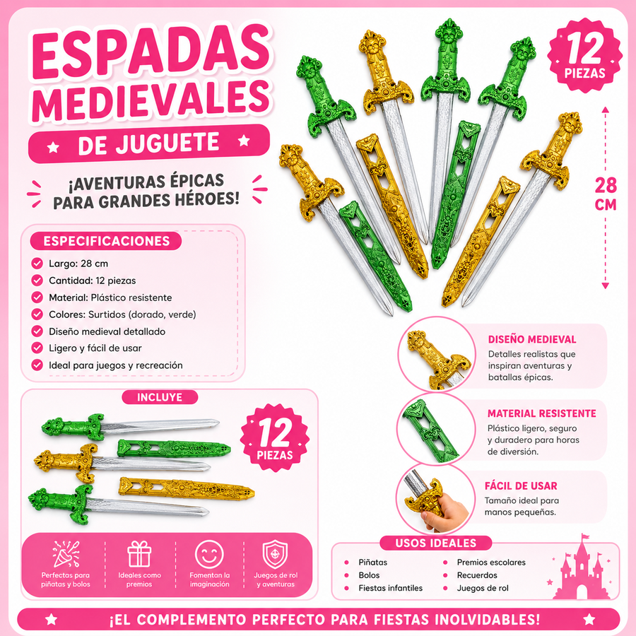 Espadas Medievales de Juguete para Niños 28 cm 12 pzas | Espadas Caballero para Piñata, Bolo, Fiesta Infantil y Premios