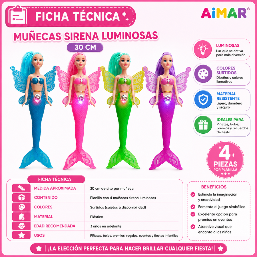 Muñecas Sirena Luminosas 30 cm | Planilla 4 Pzas Colores Surtidos para Piñata, Bolo y Regalo Infantil