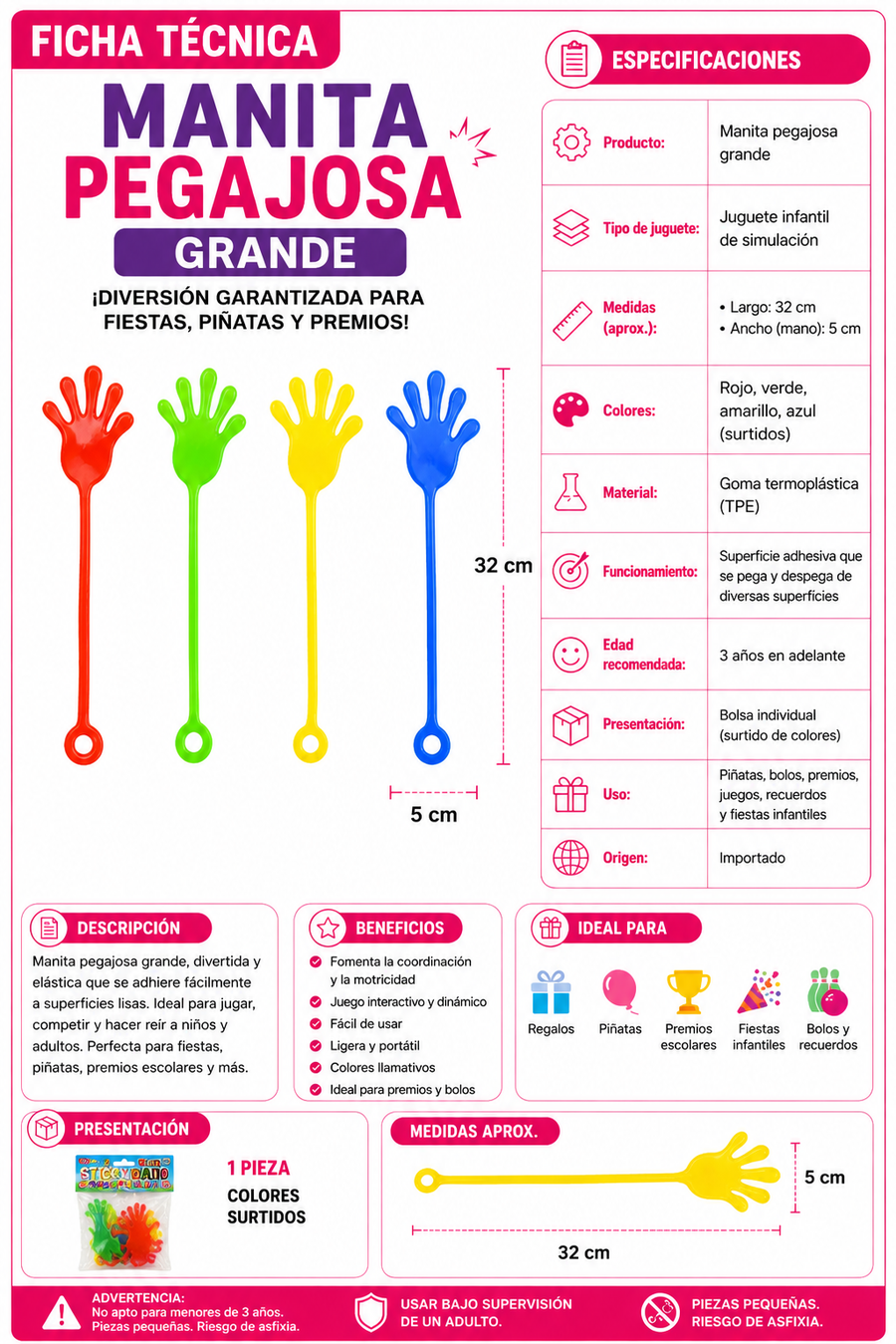4 Manos Pegajosas Grandes Colores Surtidos Juguete Fiesta Piñata Bolo Premio Infantil