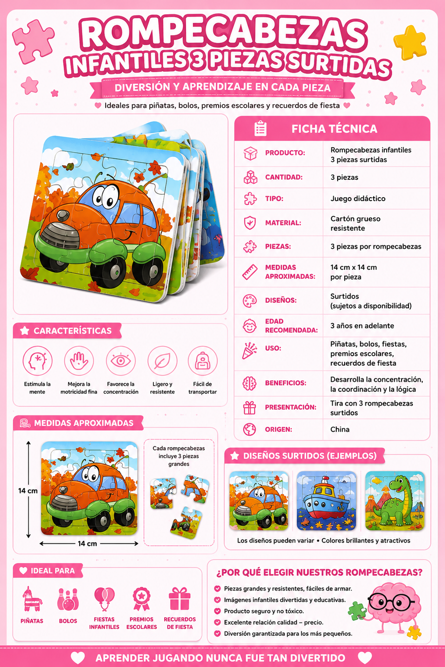 Rompecabezas Infantiles 3 Piezas Surtidas | Juego Didáctico para Piñatas, Bolos y Premios Escolares