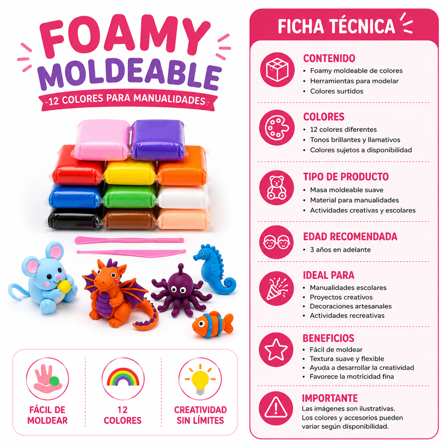 Foamy Moldeable 12 Colores para Manualidades y Plastilina Suave para Niños