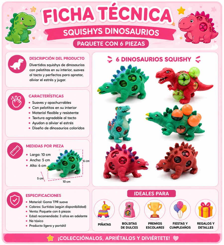 Dinosaurios Squishy Antiestrés Sensoriales con Pelotas Orbeez Juguete Piñata Bolo Fiesta Infantil Premio 6 Pzas