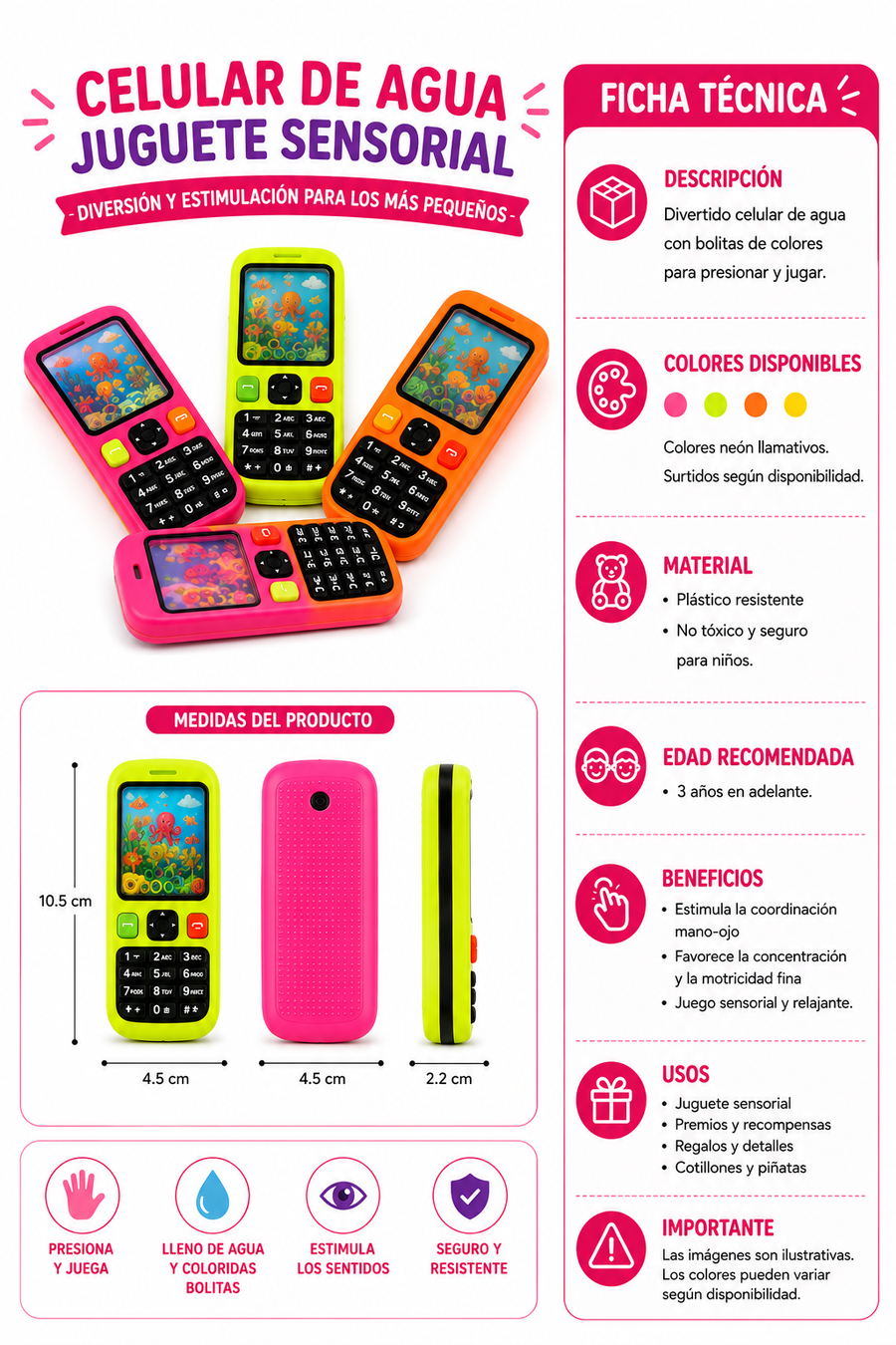 Celular de Agua Juguete Sensorial para Niños | Juego de Aros Flotantes