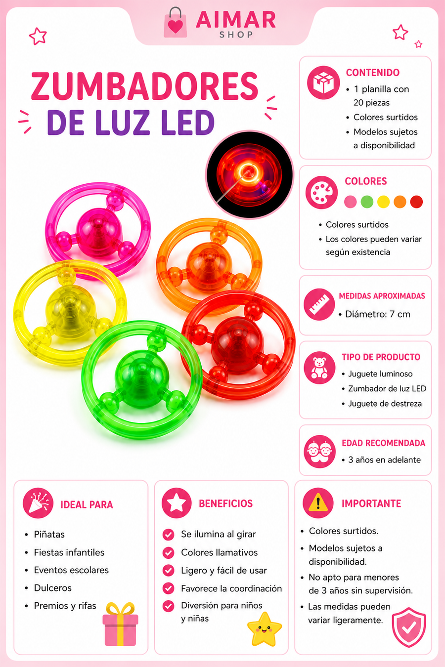 Planilla Zumbadores de Luz LED para Piñata 20 Pzas | Trompos Luminosos Infantiles para Dulceros y Fiestas