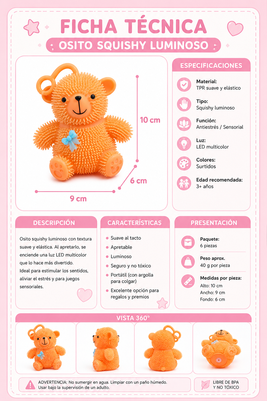 Ositos Squishy Luminosos Antiestrés Sensoriales con Luz LED Juguete Piñata Bolo Fiesta Infantil Premio 6 Piezas