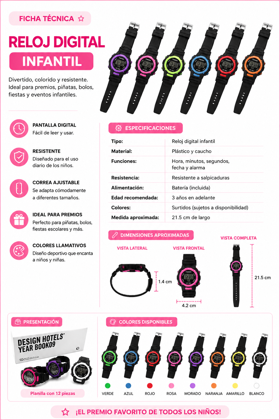Planilla Relojes Digitales para Niño 12 piezas Juguete Premio Piñata Bolo Fiesta Infantil