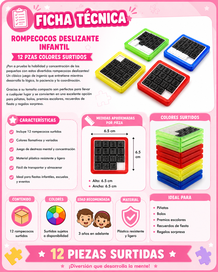 Rompecocos Deslizante Infantil 12 Pzas Colores Surtidos | Juego de Ingenio para Piñatas, Premios y Bolos