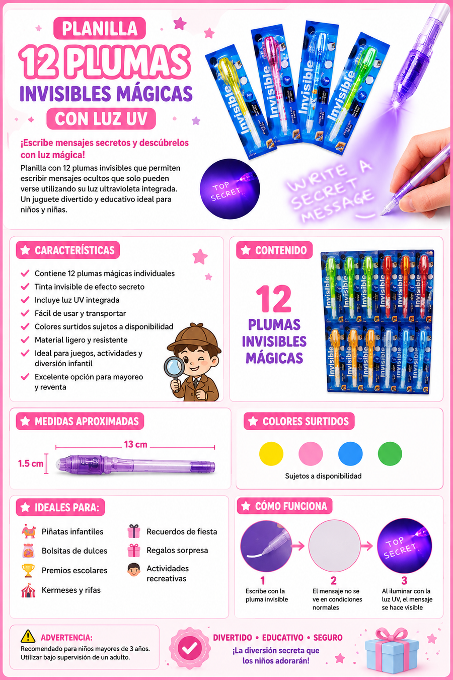 Planilla pluma invisible mágica 12pz  con luz uv| Marcador secreto infantil |