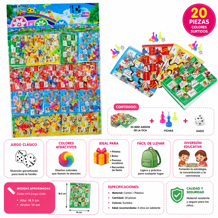 Planilla Mini Juego de la Oca Infantil 20 Pzas Colores Surtidos | Juego de Mesa para Piñatas, Bolos y Premios Escolares