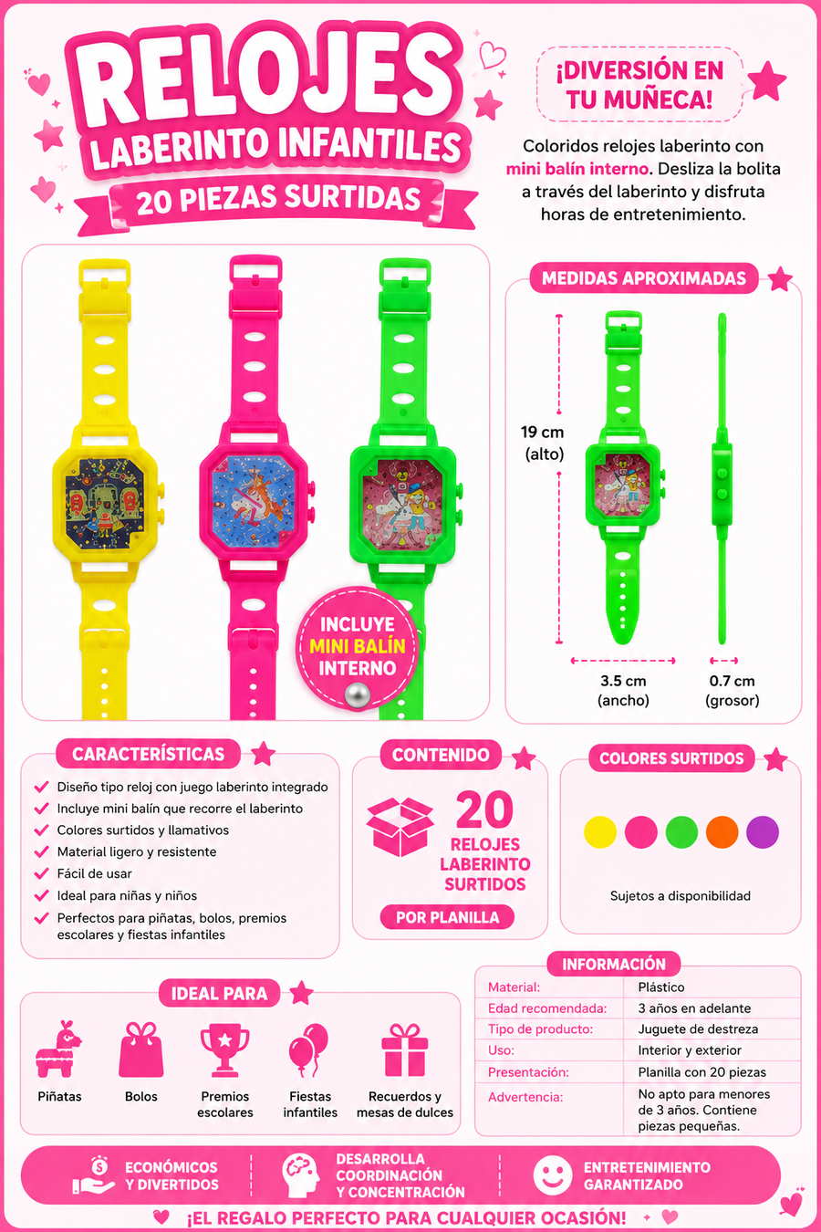 Planillas Relojes Laberinto Infantiles Surtidos 20 pzas | Juguete para Piñata, Bolo, Fiesta y Premios Escolares