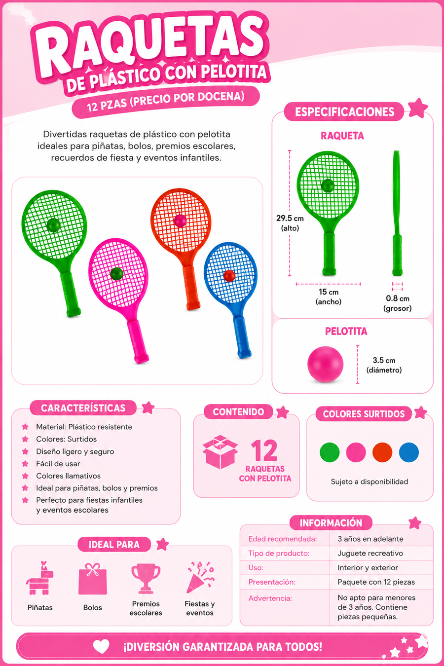 Raquetas de Plástico con Pelotita 12 Pzas | Juguete para Piñata, Bolo, Fiesta Infantil y Premios