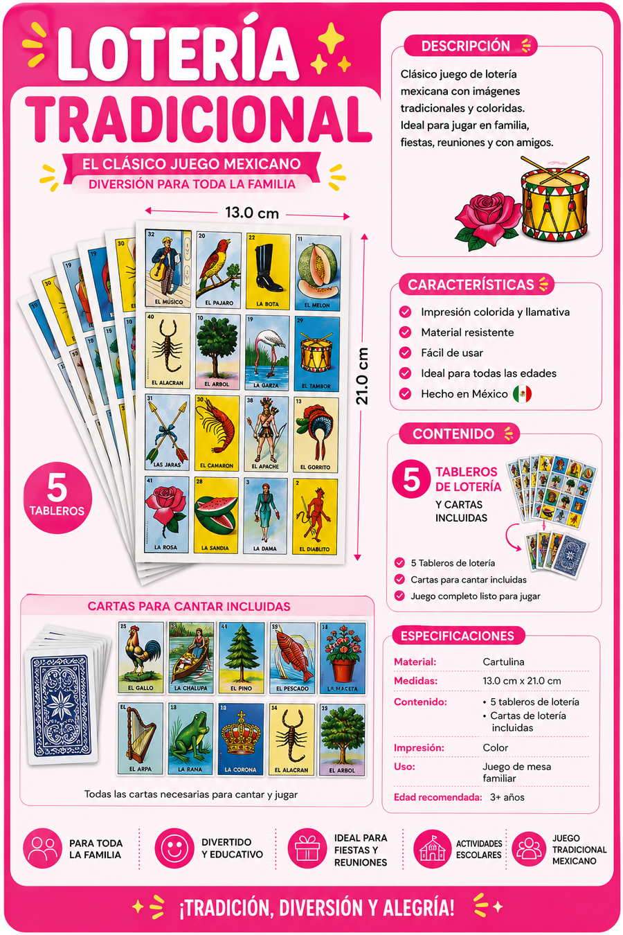 Lotería Mexicana Clásica Infantil Con 5 Tableros Y Cartas Juego Tradicional Premio Piñata Bolo Fiesta