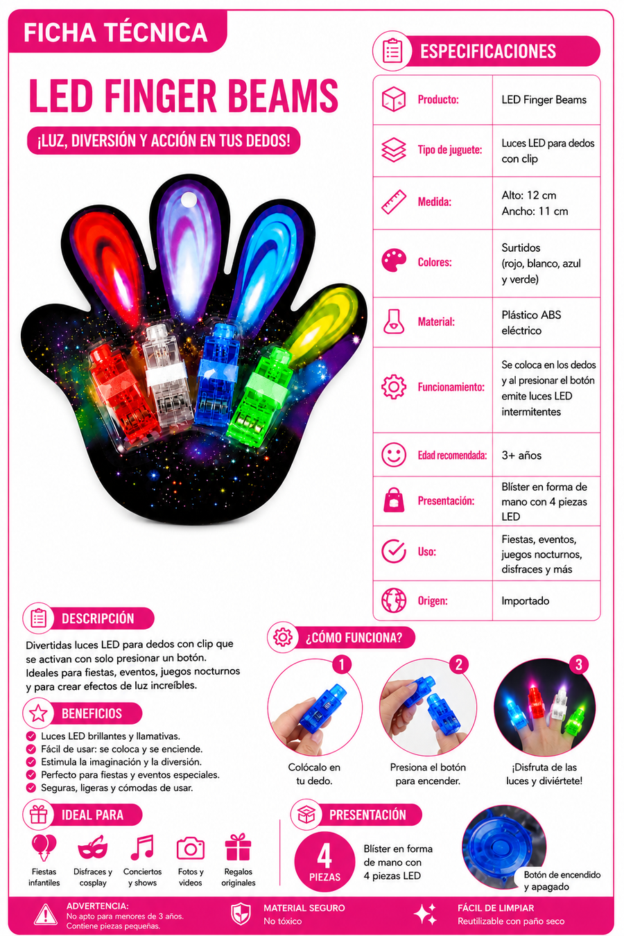 4 Anillos Luminosos LED para Dedos | Luces para Fiestas, Batucadas, Premios y Eventos Infantiles