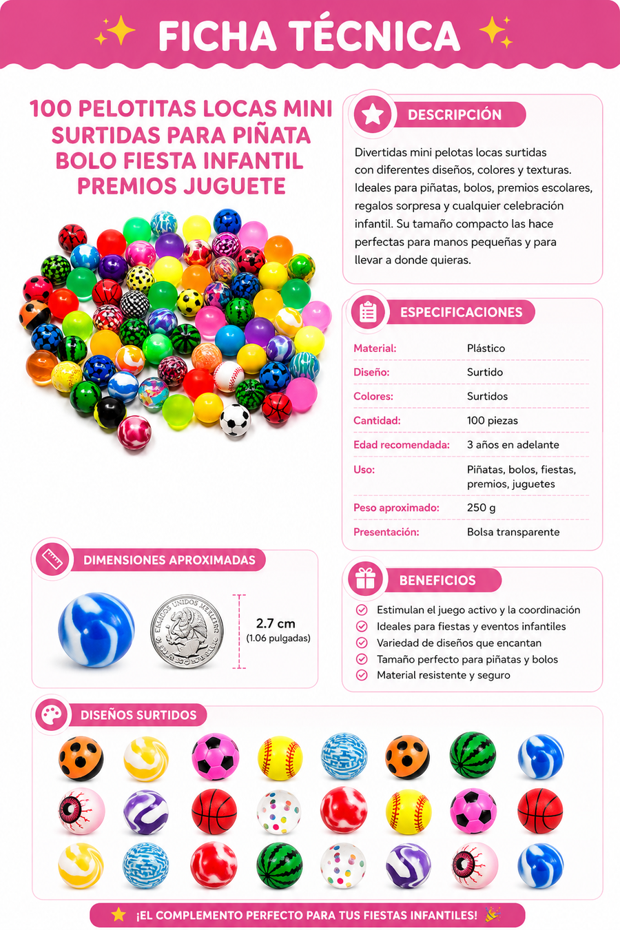 100 Pelotitas Locas Mini Surtidas para Piñata Bolo Fiesta Infantil Premios Juguete