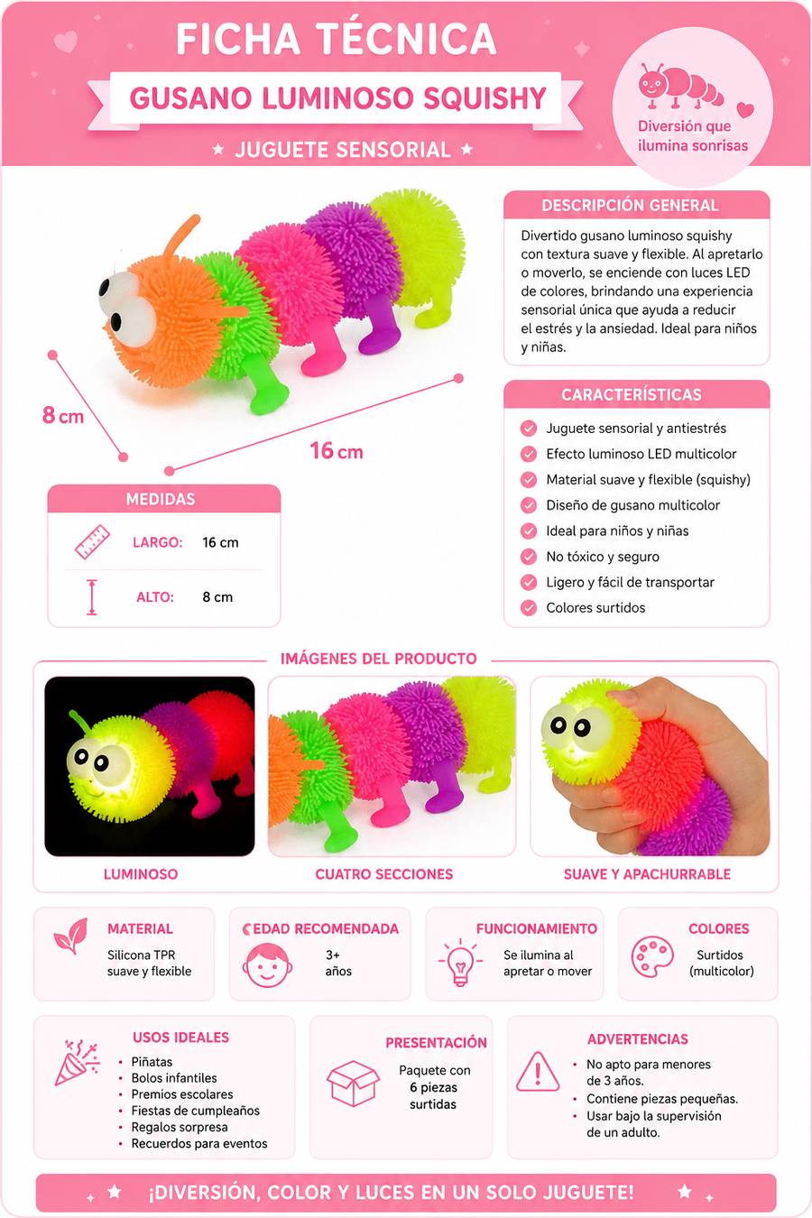 Gusanos Luminosos Squishy Sensoriales Antiestrés LED Juguete Para Piñata Bolo Fiesta Infantil Premio Pack 6 Pzas