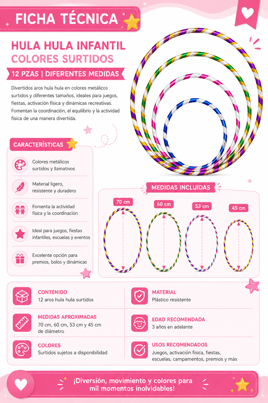 Hula Hula Infantil Colores Surtidos 12 Pzas | Aros de Diferentes Medidas para Juegos, Fiestas, Activación Física y Premios