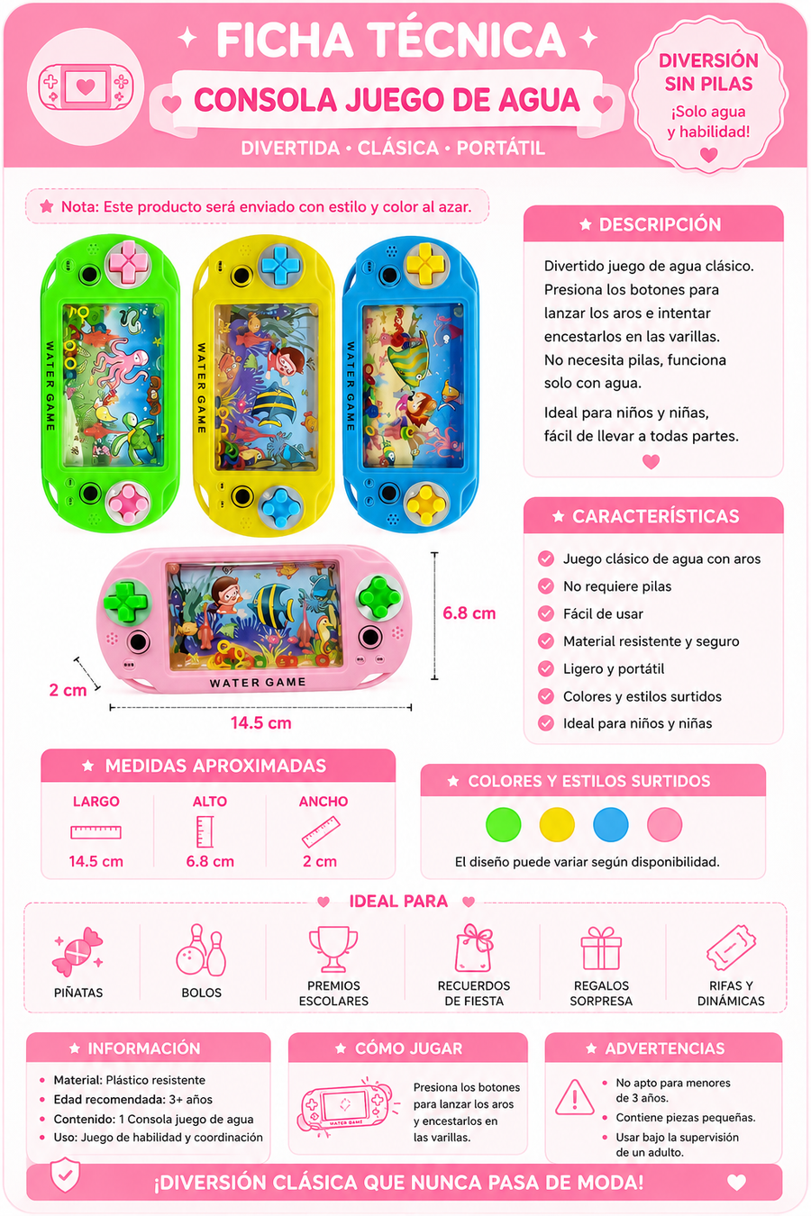 Consola Juego De Agua Retro Con Aros Juguete Clásico Infantil Premio Piñata Bolo Recuerdo Fiesta 1 Pza