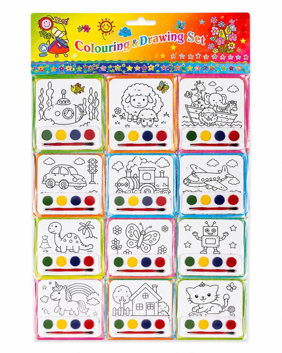 Planilla Acuarelas para Colorear Infantil con Pincel y Diseño Surtido 15 pzs