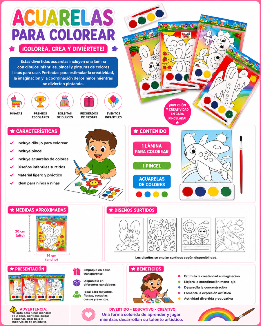 Planilla Acuarelas para Colorear Infantil con Pincel y Diseño Surtido 15 pzs