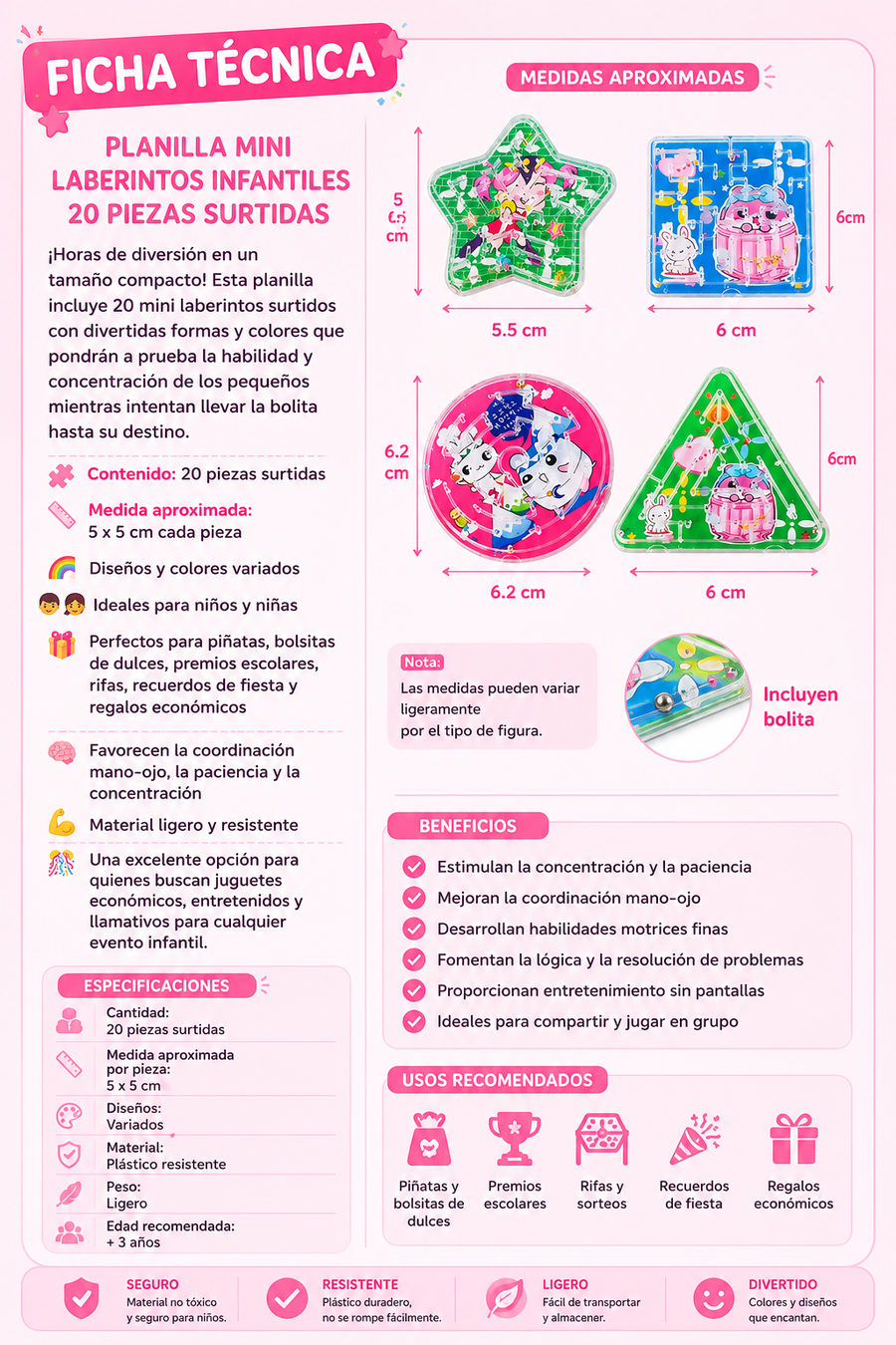 Planilla Mini Laberintos Infantiles 20 Pzas Surtidas | Juguete Didáctico y de Destreza para Piñatas y Premios