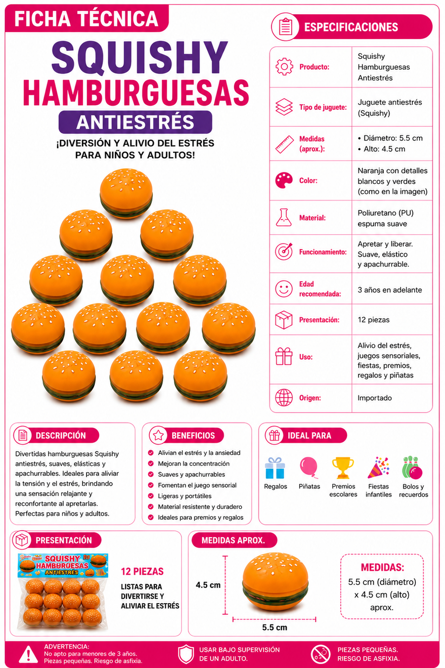 Hamburguesas Squishy Antiestrés 12 Piezas Para Piñata Bolos Recuerdos
