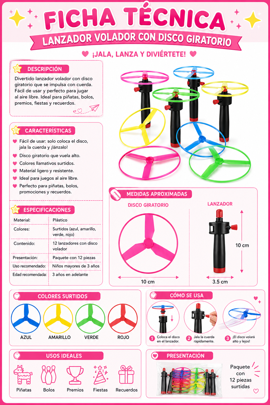 Lanzador Volador con Disco Giratorio de Cuerda para Niños | Juguete para Piñata, Bolo, Premios y Fiestas | Docena de 12 Pzas