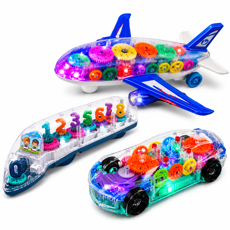 Vehículo Transparente con Engranajes, Luces LED y Sonido | Avión, Tren o Auto Didáctico | 1 Pieza