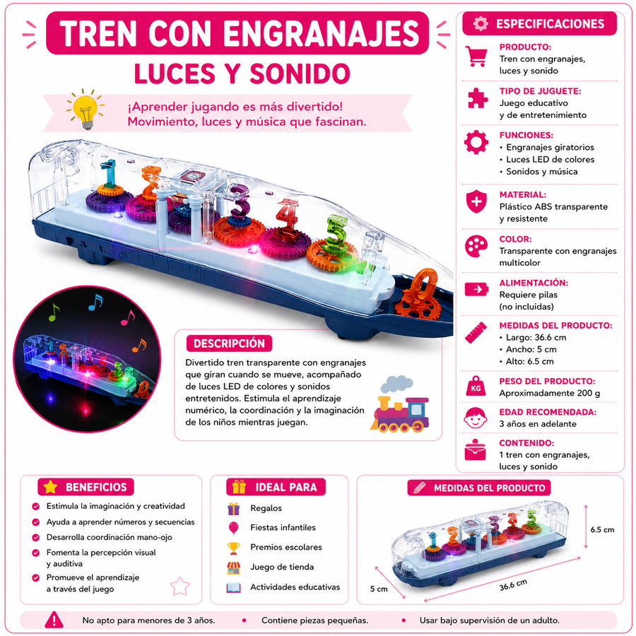 Vehículo Transparente con Engranajes, Luces LED y Sonido | Avión, Tren o Auto Didáctico | 1 Pieza
